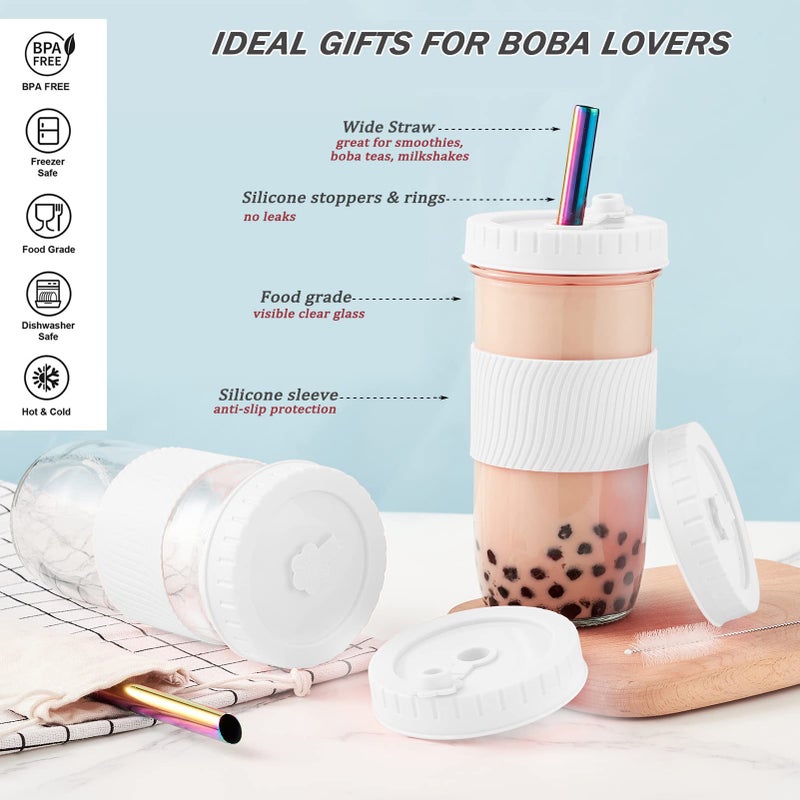 Amyoole 2 Pack Reusable Boba Cup,24Oz Wide Mouth Smoothie Cup,mason Jar Glass Cups with Lids and Straws,Bubble/Boba Tea Cups,Ice Coffee Tumbler 2 colored straws 1 sponge brush(White) - Image 4